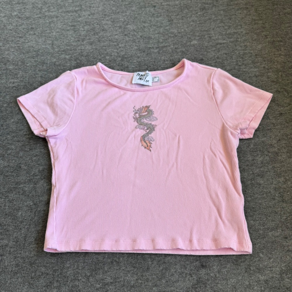 Princess Polly Pink Ribbed Dragon Graphic Baby Tee Y2K Short Sleeve Top Size 6